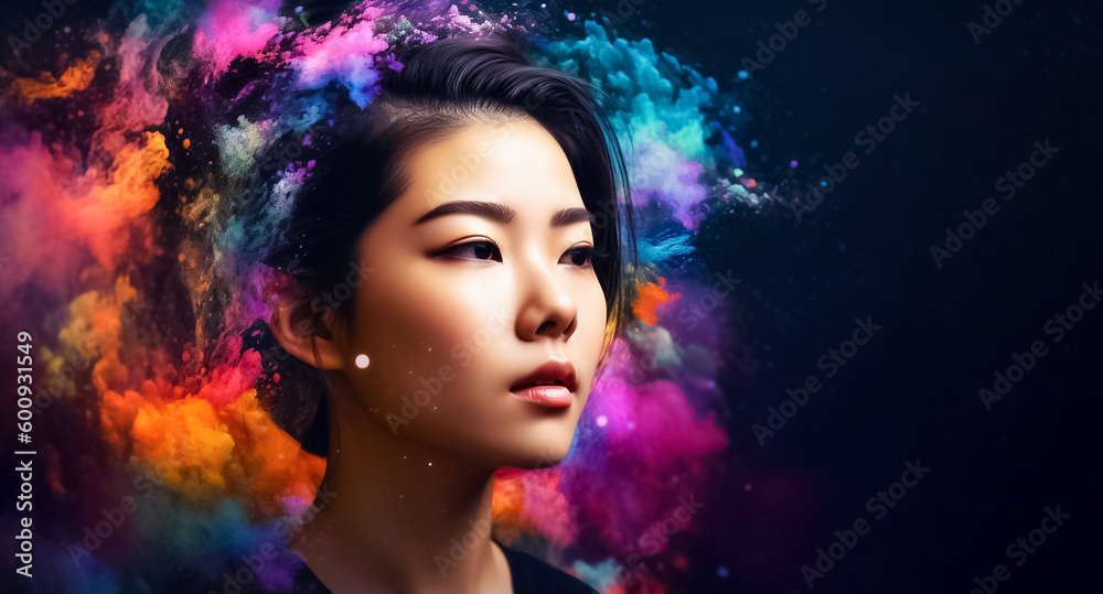 Fototapeta premium A surrealistic portrait painting abstract of a woman with colorful hair and futuristic paintings of women with colored hair and eyes. generative AI