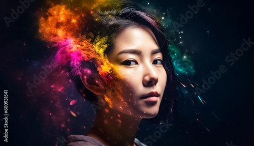 A surrealistic portrait painting abstract of a woman with colorful hair and futuristic paintings of women with colored hair and eyes. generative AI