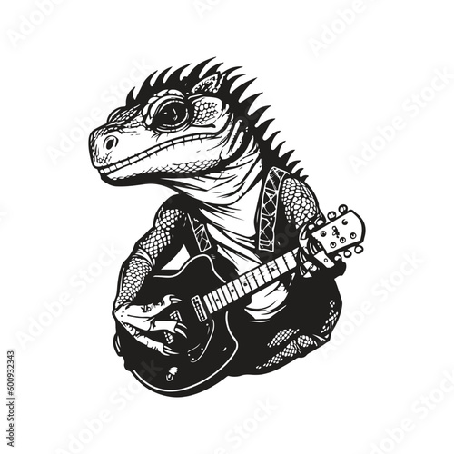 rocker iguana, vintage logo line art concept black and white color, hand drawn illustration