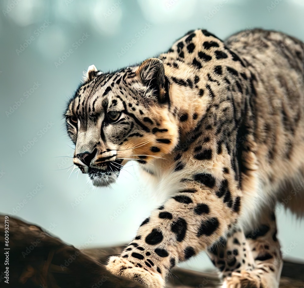 Fototapeta premium Portrait of leopard snow dangerous wildlife concept walking animal. Generative AI