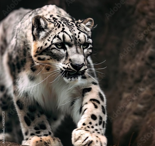 Snow leopard portrait concept fighting walking face wildlife concept. Generative AI