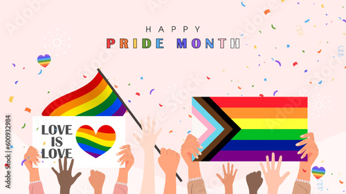 Happy Pride Month. Parade celebration with Hand-holding flag and LGBTQ poster. Vector illustration.