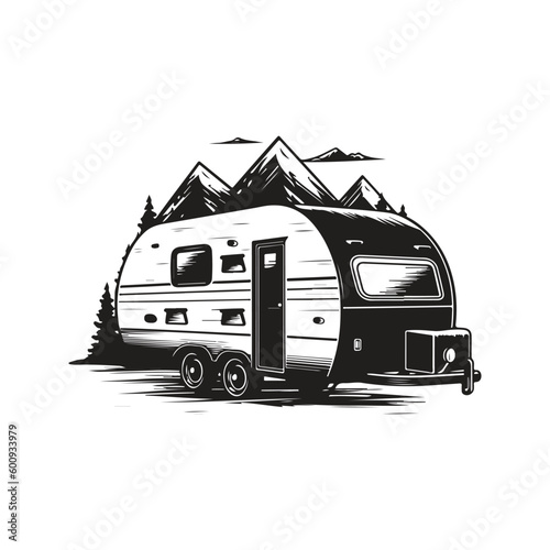 Foto camp trailer, vintage logo line art concept black and white color, hand drawn il