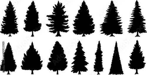 Christmas trees collection, black silhouette isolated on white background set, winter Holiday Symbols. Vector flat illustration