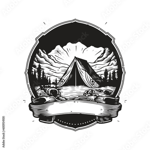 camp club, vintage logo line art concept black and white color, hand drawn illustration