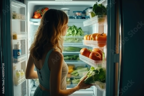 young woman opening her refrigerator door at night, the fridge is full of organic fruits and vegetables. Generative AI