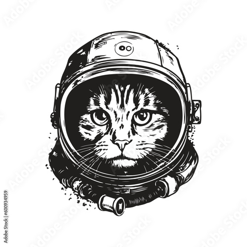cat astronaut, vintage logo line art concept black and white color, hand drawn illustration