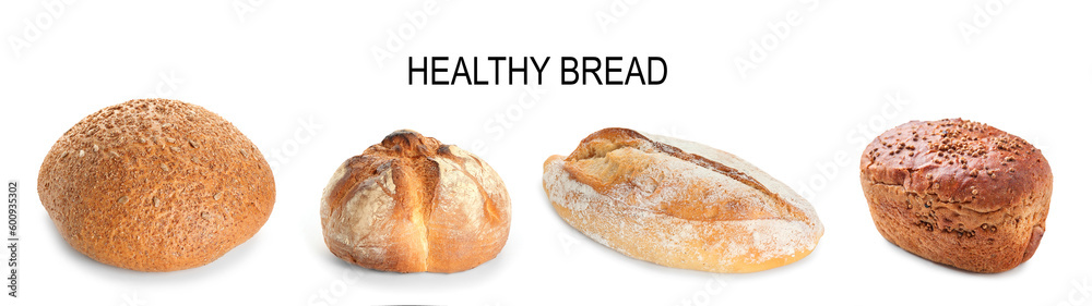 Banner with assortment of healthy bread on white background