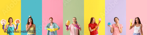 Collage of young women with cleaning sponges on color background