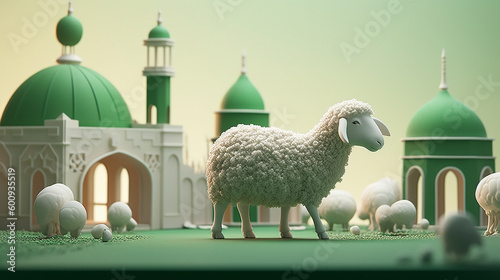 sheep, mosque, eid mubarak, Eid al Adha banner with Generative AI