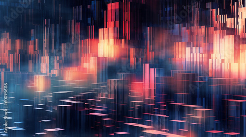 This abstract background image features a glitch effect that gives it a digital  futuristic look. The image has a color scheme of blue  purple  and pink with distorted lines and shapes