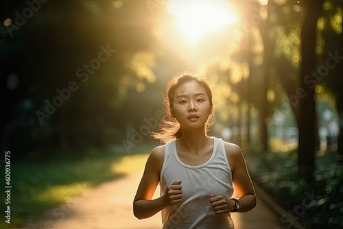 Asian woman running in the park or outdoors at the sunset. Generative AI