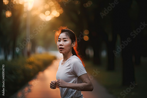 Asian woman running in the park or outdoors at the sunset. Generative AI