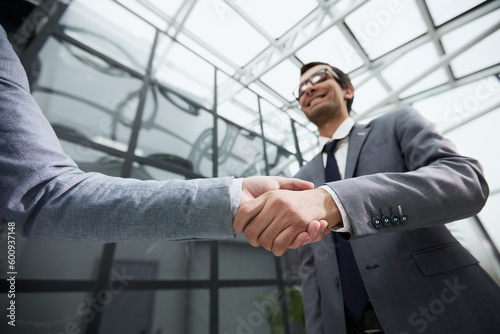 Delighted businessmen shaking hands, greeting acquaintance in the office,
