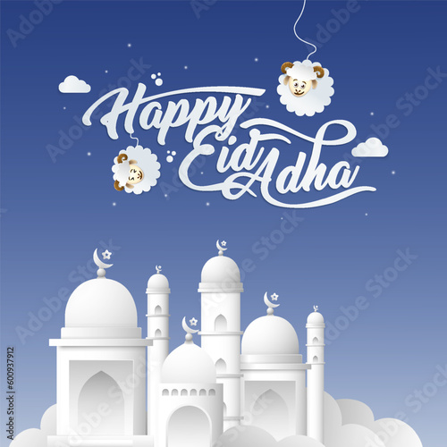 Happy eid adha with white mosque illustration banner