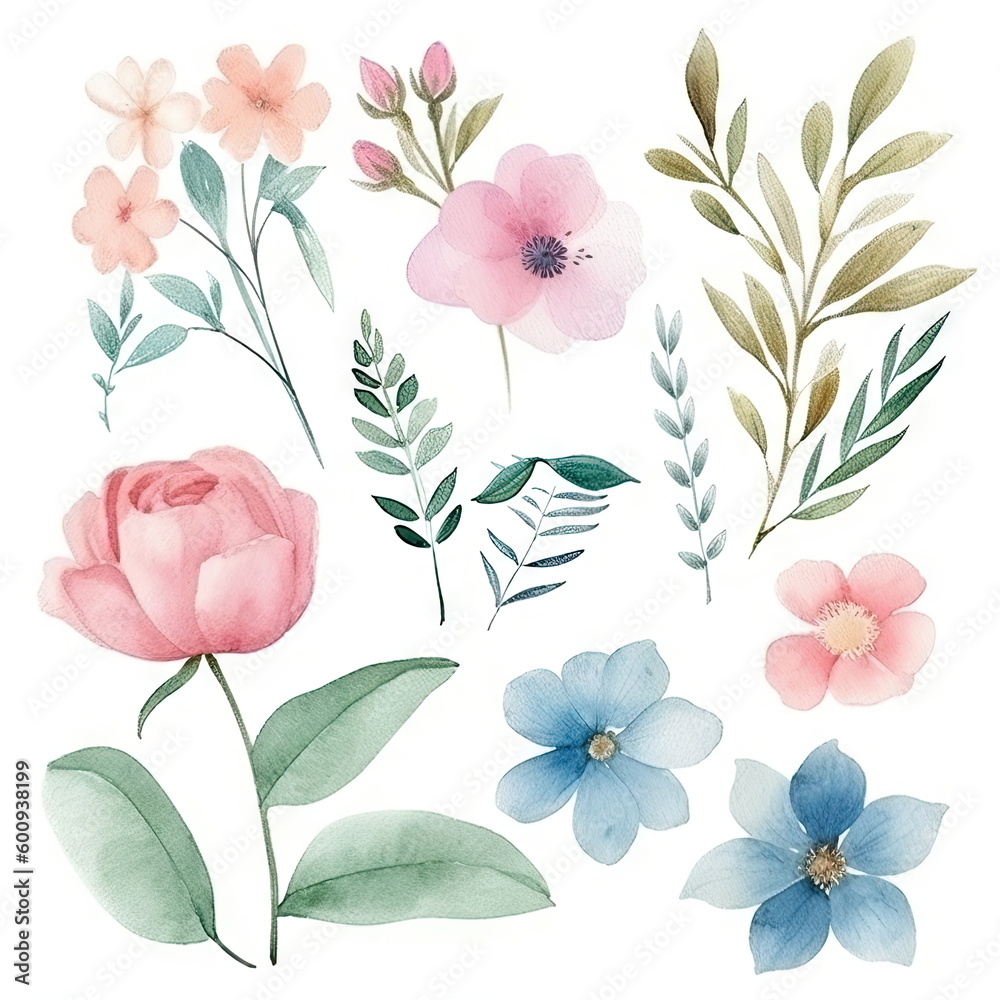 Watercolor floral illustration bouquet set collection, wedding stationary, flower background