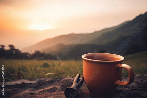 Hot coffee cup on table, camping time