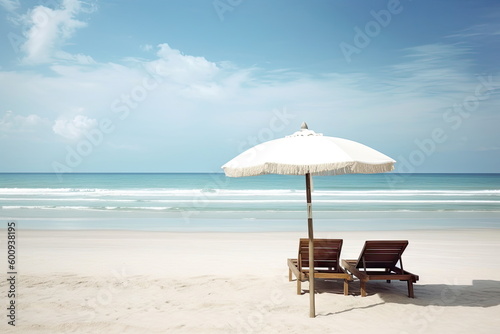 Beautiful beach with white sand, chairs and umbrella, beautiful beach landscape