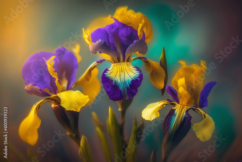 Fresh spring yellow and violet Iris flower blooming with blur background. Generative AI