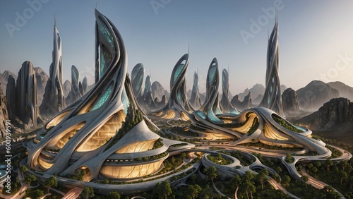 Landscape of a sci-fi futuristic alien-city in nature at dusk - Generative AI Illustration