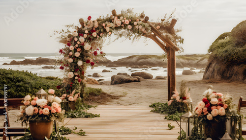 Wedding ceremony on the beach Wedding arch decorated with flowers. Generation AI photo