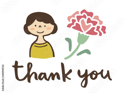 かわいいおばあちゃんとカーネーションとThankyouの文字／手描きイラスト素材