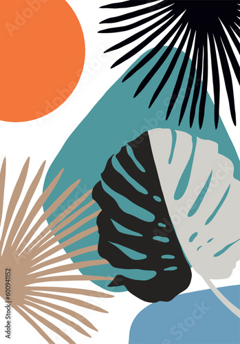 digital background in tropical style in pastel shades. Three palm branches are drawn. Poster style