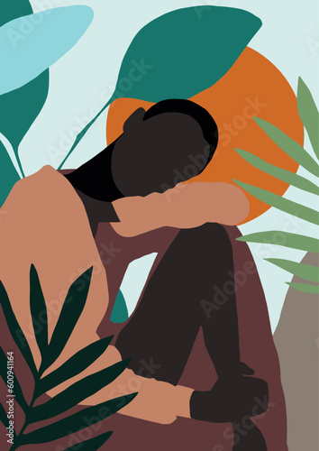 drawing of a dark-skinned woman wearing a brown dress in digital format against a background of tropical forests and the sun in pastel shades