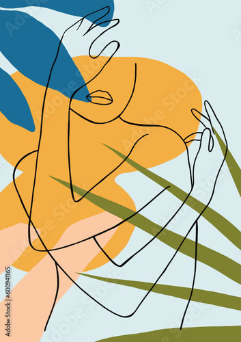 drawing of a silhouette of a girl on the background of a tropical landscape in bright colors.