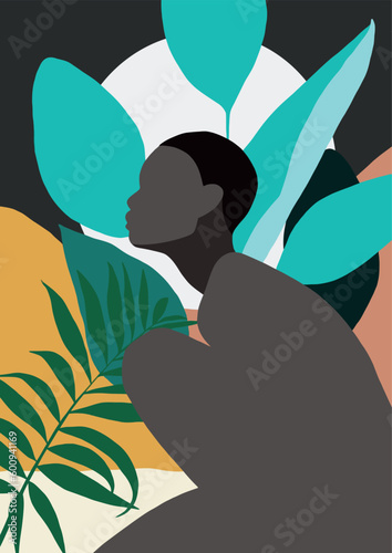 drawing of a dark-skinned woman in digital format against the background of tropical forests in pastel shades