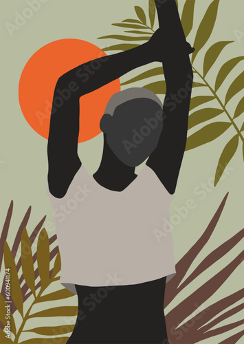 drawing of a dark-skinned woman wearing a gray t-shirt in digital format against a background of tropical leaves and the sun in pastel shades