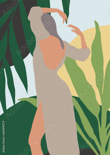 drawing of a woman with blond hair wearing a dress in light colors in digital format on a background of tropical leaves in green shades