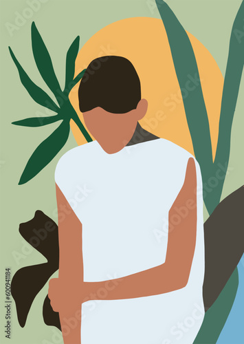 drawing of a woman with dark hair wearing a white dress in digital format on a background of tropical leaves and the sun in green shades