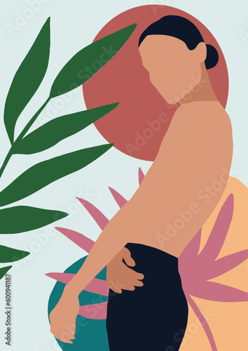 drawing of a woman with dark hair wearing a black skirt in digital format against a background of tropical leaves and the sun in pastel shades