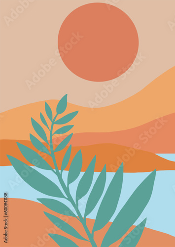 drawing of a plant in the foreground. Behind the river and the sun in pastel shades. Poster style
