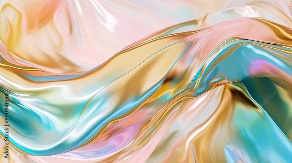 Fototapeta premium Abstract iridiscent background with holographic plastic texture, pastel colors. Generative AI