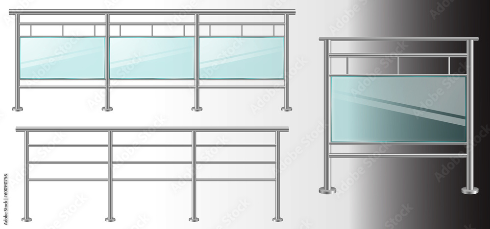 set mockup glass railing with fence section isolated - 3d illustration set mockup glass railing with fence section isolated - 3d illustration