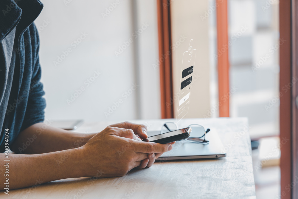 Fototapeta premium Fingerprint scanning and biometric authentication, processing of biometric for access personal data. surveillance and security scanning of digital programs cyber futuristic applications