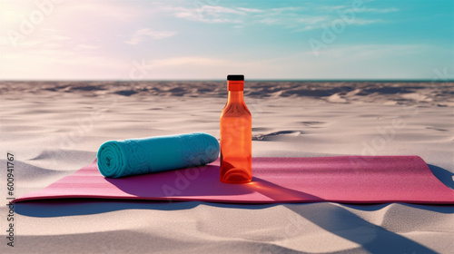 A yoga mat with a towel and water bottle nearby. Illustration. Generative AI