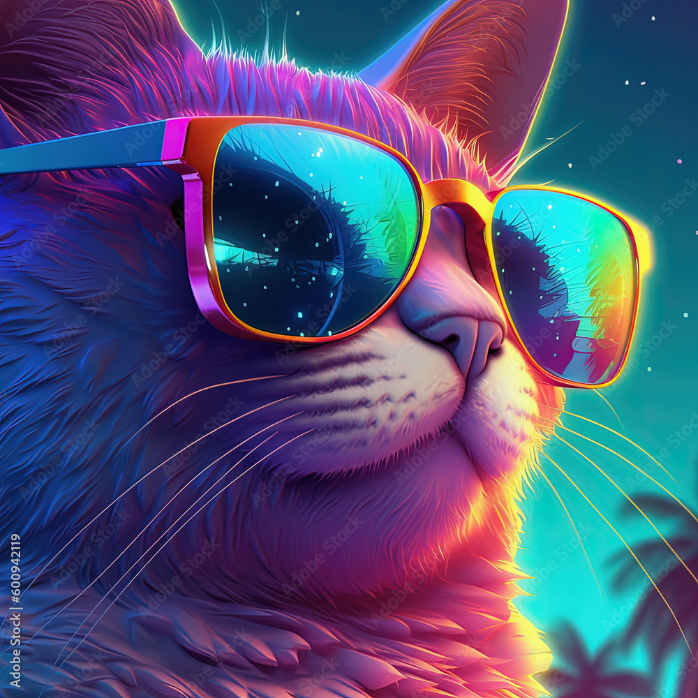 Cat in sunglasses on tropical neon background. Pop art style portrait. Generative AI