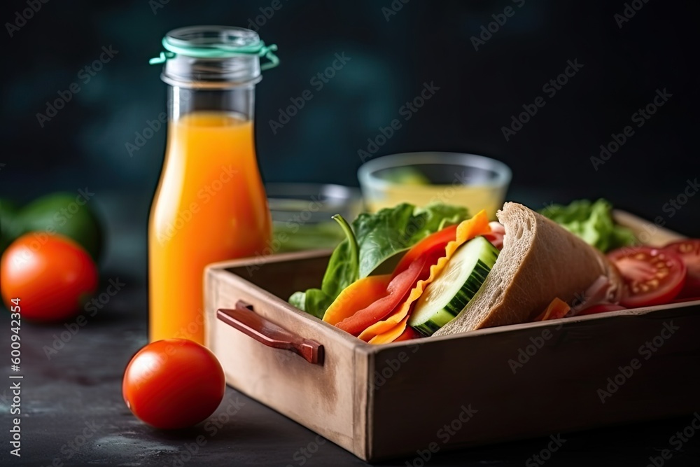 Lunch box with sandwiches, vegetables and juice. Top view with copy space. Lunch box with sandwiches, vegetables and juice. Top view with copy space.