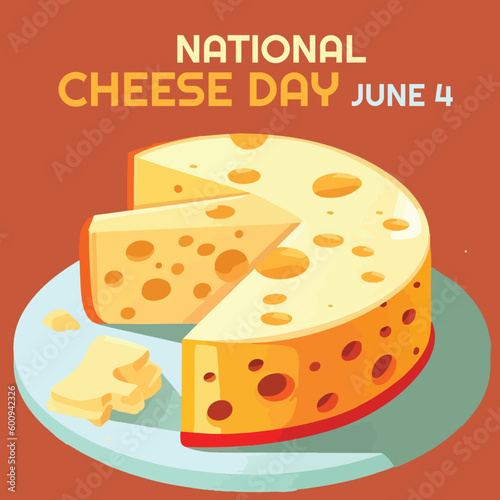vector of sliced cheese at the plate with bold text isolated on brown background to celebrate national cheese day on june 4