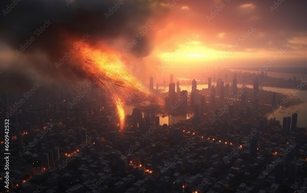 Fire during sunset over the city. Metropolis on fire top view. Cityscape with fire created with Generative AI technology