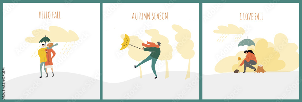 People with umbrellas under the rain. Autumn collection. Flat vector illustration set. 