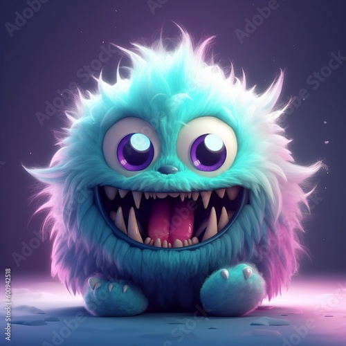 Smiling cute teal fuzzy monster with big eyes is sitting on a purple background created with Generative AI technology