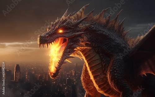 Dragon head on the evening city background created with Generative AI technology © Oksana