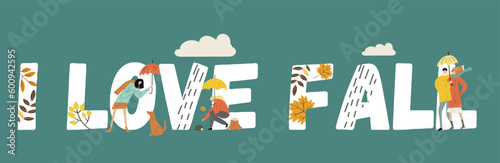 People with umbrellas under the rain. Autumn collection. Flat vector illustration. Horizontal banner, text composition.