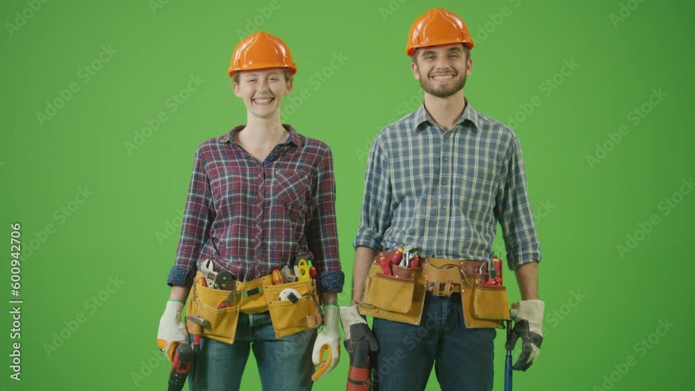 Green Screen.Young Male and Female Civil Engineers Wearing Checkered Shirts,Hard Hats,Work Gloves, Tool Belts, Lifting the Perforator and Drill Up,Posing Back To Back and Looking at The Camera Smiling Green Screen.Young Male and Female Civil Engineers Wearing Checkered Shirts,Hard Hats,Work Gloves, Tool Belts, Lifting the Perforator and Drill Up,Posing Back To Back and Looking at The Camera Smiling