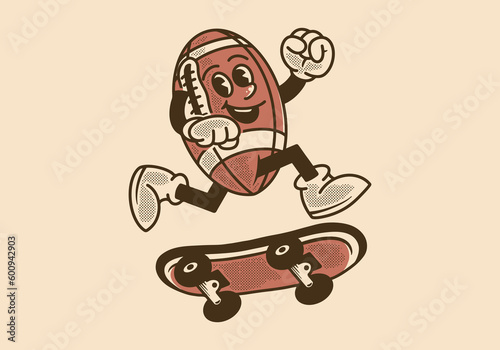 Mascot character design of american football ball jumping on skateboard