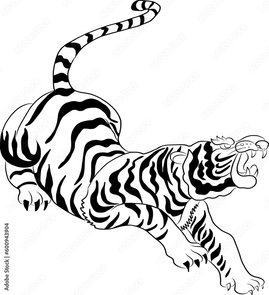 Tiger Sticker tattoo design,Cartoon tiger on black background.Vector.Traditional Japanese culture for printing on background.